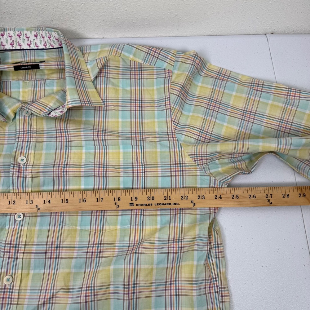 Bugatchi Mens Classic Fit Plaid Button Down Shirt Yellow Green Flamingo Large - Picture 3 of 9